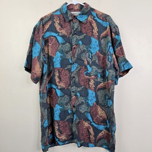 Huk-A-Poo Mens Vintage Silk Abstract Printed Short Sleeve Button Down Large - Picture 1 of 5
